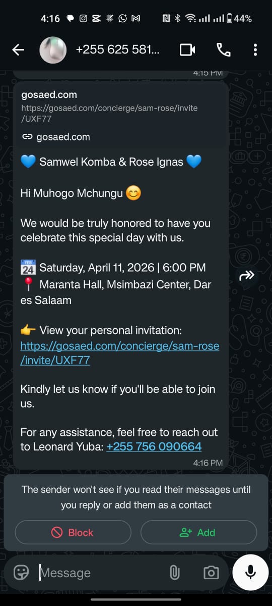 WhatsApp invitation delivery — personalised message with guest name and link